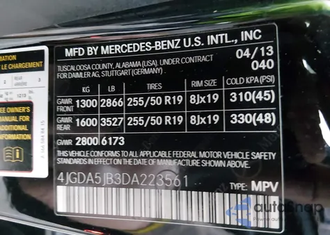 2013 Mercedes-Benz Ml 350 from USA, damaged, VIN 4JGDA5JB3DA223561